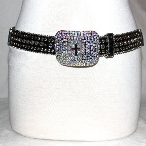 Western Black Bling Cross Belt & Buckle Aurora Borealis AB Crystal Accent ML main image 5